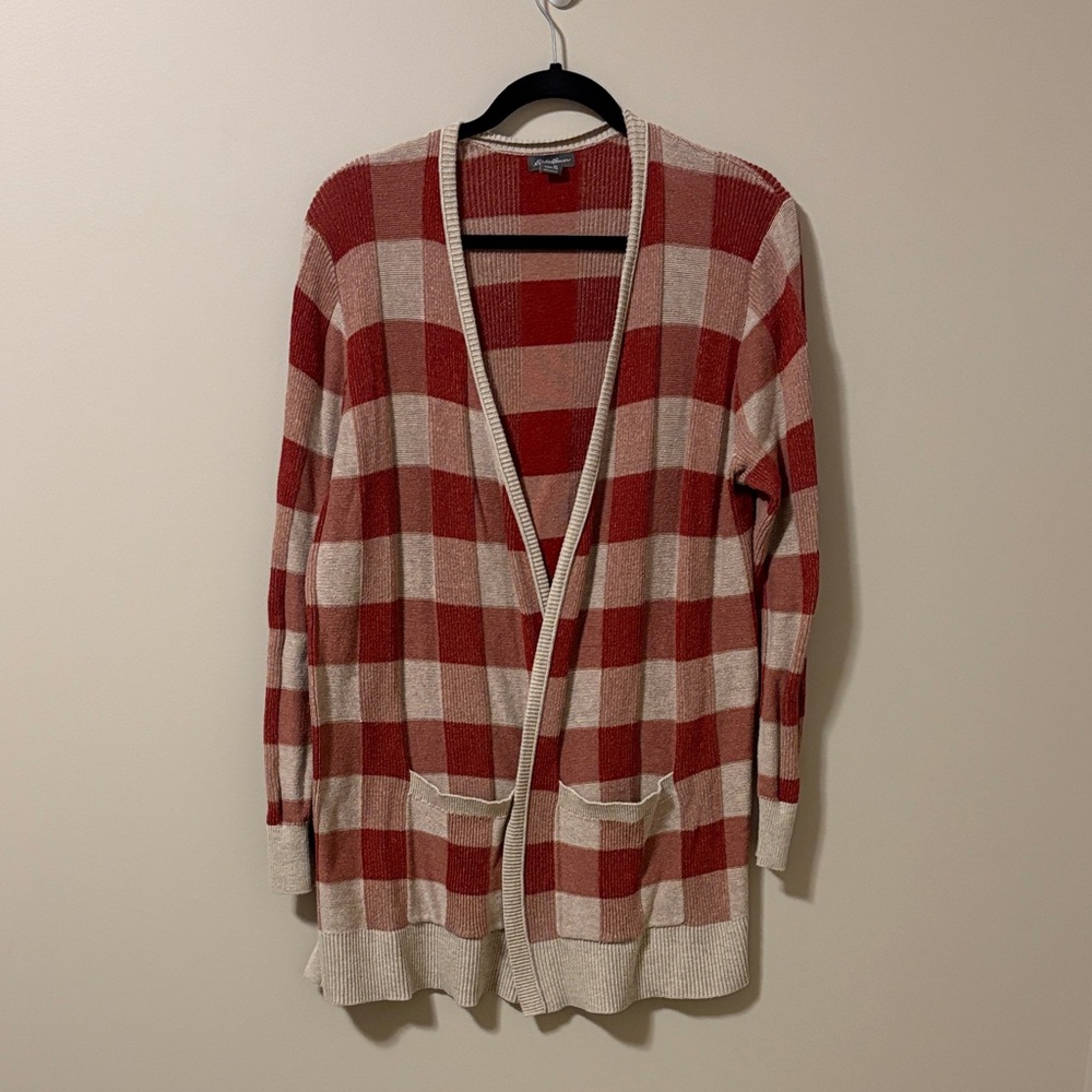 Eddie Bauer Burnt Orange and Cream Buffalo Plaid Open Cardigan